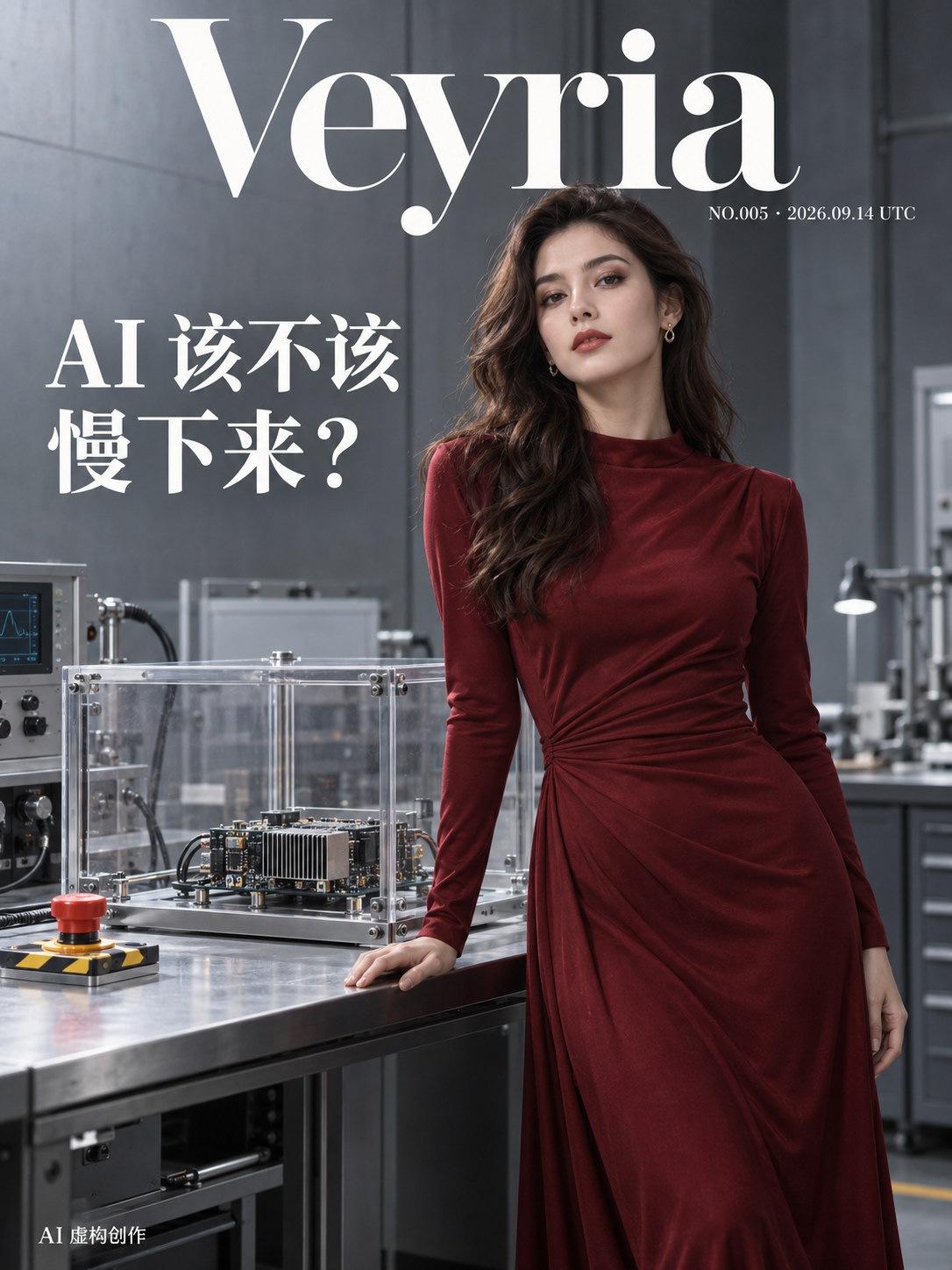 第 005 期封面：酒红时装成年女性与透明隔离测试箱、红色停止按钮，呼应AI研发节奏与测试边界；AI虚构创作。